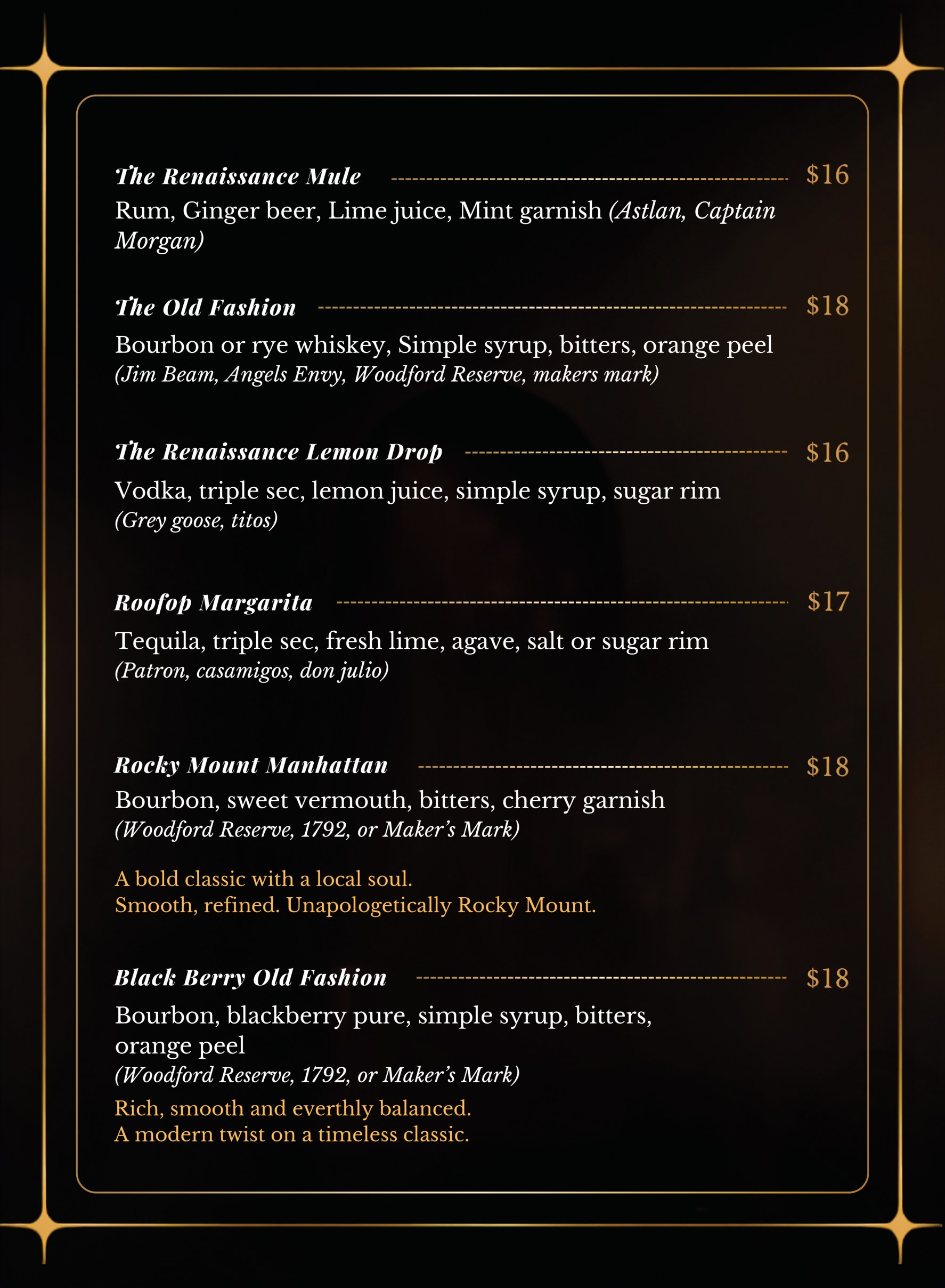 The Renaissance cocktail menu — signature cocktails and prices